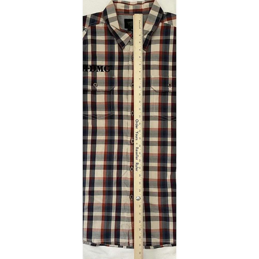 Harley Davidson Motorcycle Patch Button Shirt‎ Blue Beige Plaid HDMC Men's 2XL